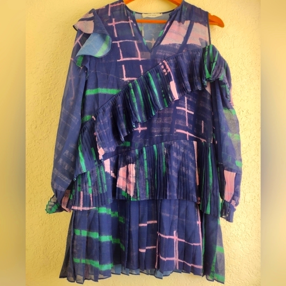 Three Floor Tiered Pleated Mini Dress Cold Shoulder Ruffle Geometric Print Party - Picture 7 of 8